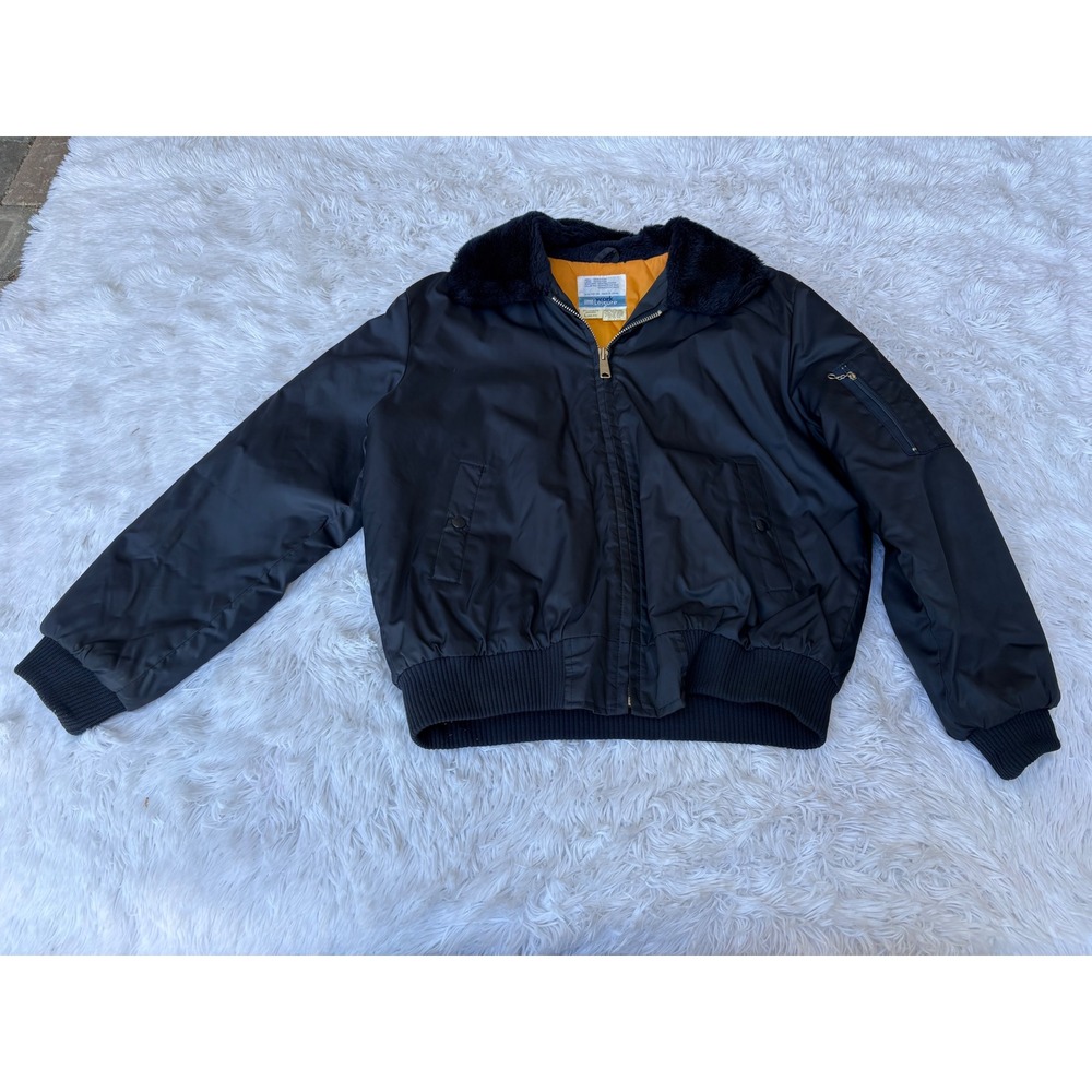 Vintage Work Leisure Navy Blue Bomber Flight Jacket Faux Fur Collar Large 42-44